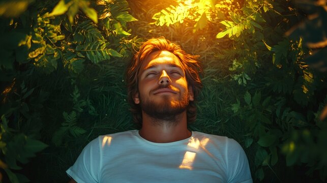 Young man relaxing in grass enjoying golden sunlight filtering through leaves