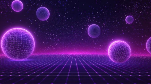 retro futuristic sci-fi space scene with glowing wireframe spher