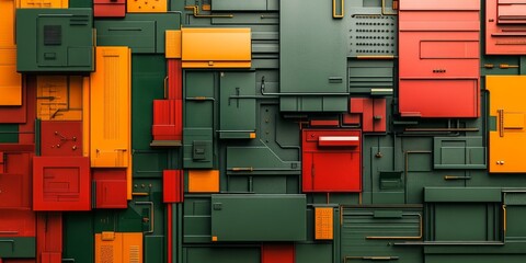 Complex arrangement of colorful geometric shapes and technical details