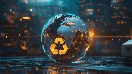 Fototapeta premium Glowing Earth with Recycling Symbols Eco Friendly Sustainability Concept