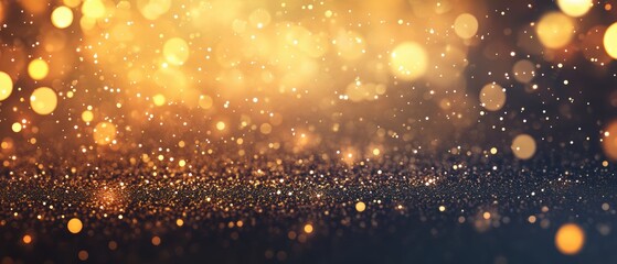 Obraz premium Golden bokeh lights background with shimmering particles creating a festive atmosphere for celebrations, holidays, and special events in soft focus.