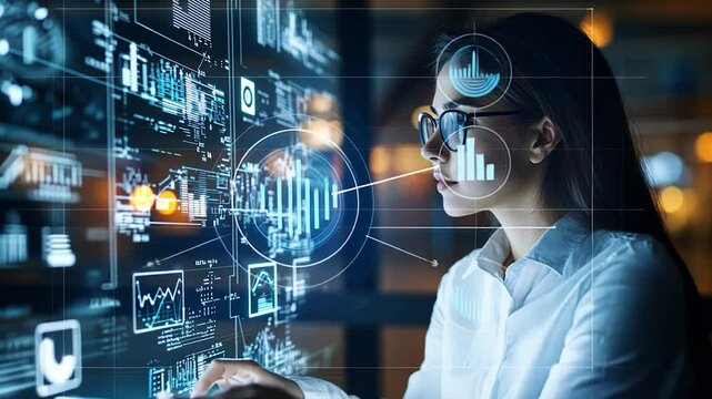 Woman analyzing data on interactive display at night