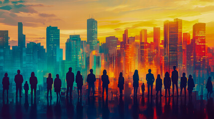 Silhouettes of diverse people standing against a vibrant city skyline at sunset