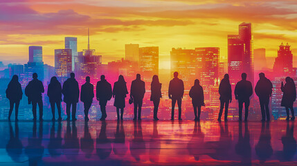 Silhouettes of diverse people standing against a vibrant city skyline at sunset