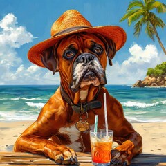 American bulldog sits on the beach at the table and drinks juice. Generate AI