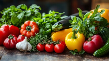 Fresh Organic Vegetables and Herbs on Wooden Table Background