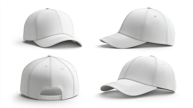 White baseball caps displayed from multiple angles on a plain background