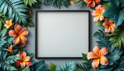 Blank Frame with Tropical Hibiscus Flowers and Leaves for Mockup