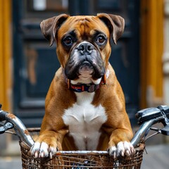 American bulldog sitting in a bicycle basket. Generate AI