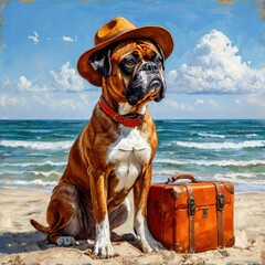 American bulldog on the beach with a suitcase. Generate AI