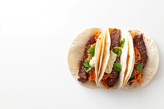 Three delicious tacos filled with vibrant veggies and savory mea