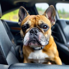 french bulldog puppy sitting in a car. Generate AI