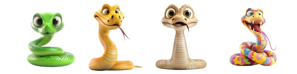 Fototapeta premium Four cute cartoon snakes with distinct features showing their colorful and friendly designs