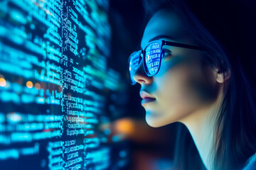 Software, coding hologram and woman in data analysis, information technology and gdpr overlay