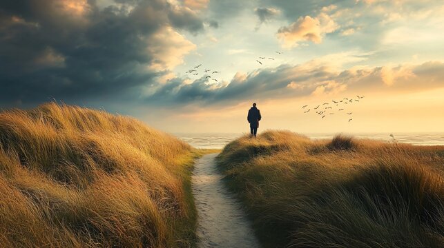 Serene Tourist Walking on Footpath in Westerhever Germany | Peaceful Traveler Hiking Landscape Trail | Calm Vacation Scene for Travel Blogs