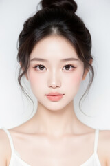 Fototapeta premium Female Asian Model with Short Hair - Young Beautiful Woman with Hair Bun - Studio Portrait of Asian Beauty for Fashion, Cosmetic, Skincare - Posing on White Background - Smooth Tied Hair