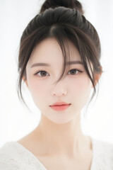 Fototapeta premium Female Asian Model with Short Hair - Young Beautiful Woman with Hair Bun - Studio Portrait of Asian Beauty for Fashion, Cosmetic, Skincare - Posing on White Background - Smooth Tied Hair
