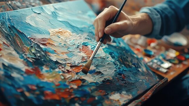 A person carefully painting a landscape on a canvas, with paintbrushes and colors scattered around, Hobbies and crafts, Creative and detailed