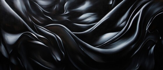 Fototapeta premium Black silk fabric texture background with smooth waves and folds, elegant luxury design, abstract textile for fashion, interior, and marketing purposes.