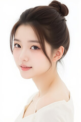 Fototapeta premium Female Asian Model with Short Hair - Young Beautiful Woman with Hair Bun - Studio Portrait of Asian Beauty for Fashion, Cosmetic, Skincare - Posing on White Background - Smooth Tied Hair