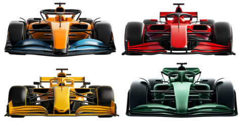 set collection of high technology tech fictive formula race cars isolated white background. motorsport car racing and team sport concept