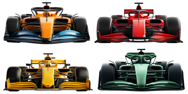 set collection of high technology tech fictive formula race cars isolated white background. motorsport car racing and team sport concept