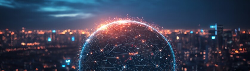 Illustration of a glowing digital Earth with interconnected lines over a blurred city skyline