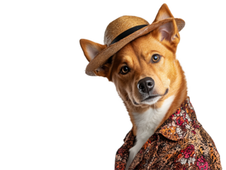 dingo wearing stylish hat and floral shirt, looking curious