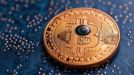 Bitcoin coin on a digital backdrop with microchips and beads.