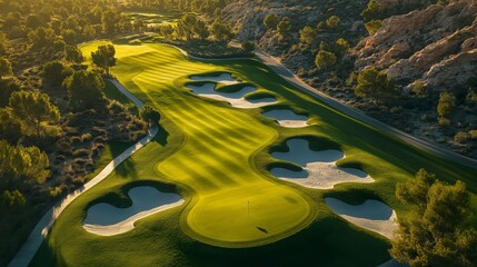 Beautiful golf course landscape during golden hour with sand traps and trees