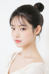 Female Asian Model with Short Hair - Young Beautiful Woman with Hair Bun - Studio Portrait of Asian Beauty for Fashion, Cosmetic, Skincare - Posing on White Background - Smooth Tied Hair