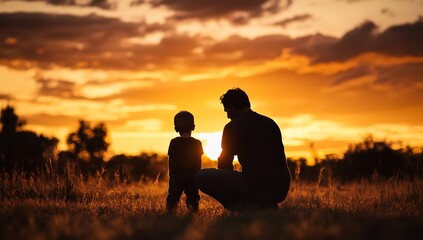 A father and son silhouetted against a breathtaking sunset, sharing a quiet moment of connection in a golden, grassy field.