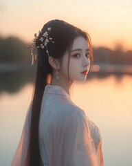 Hyperrealistic photograph of a young Chinese woman dressed in an elegant Hanfu with flowing silk sleeves, standing by a tranquil lake at sunset.