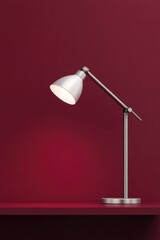 Sleek desk lamp illuminates rich red wall, creating cozy atmosph