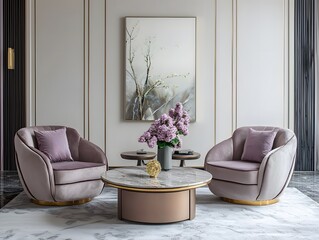 Luxurious and Elegant Living Room with High End Furnishings and Marble Flooring