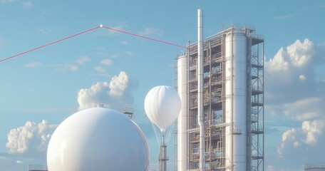 Modern Industrial Research Facility with White Balloons and Clouds