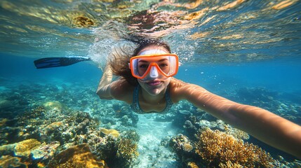 Naklejka premium Professional Underwater Snorkeling Portrait of Young Woman for Advertising and Marketing Campaigns