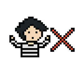 Fototapeta premium Cute pixel cartoon character prisoner man in jail prison uniform decoration crime prisoner man in prison 8 bit cartoon pixel robber 8bit png vector.