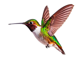 Side view of beautiful hummingbird flying isolated on transparent background.
