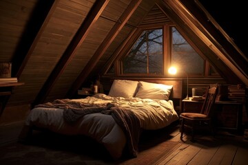 Cozy bedroom in the sloped roof architecture furniture building.