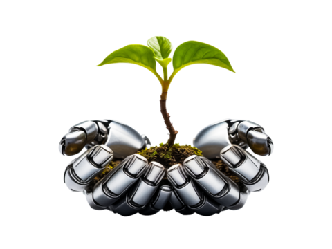 Two robotic hands holding a green young plant with cherishly isolated on transparent background.