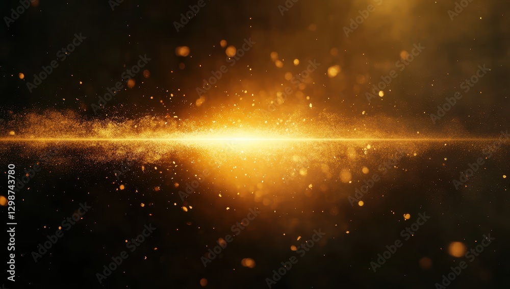Poster golden particle stream with sparkles and dust in dark background ideal for abstract backgrounds and 