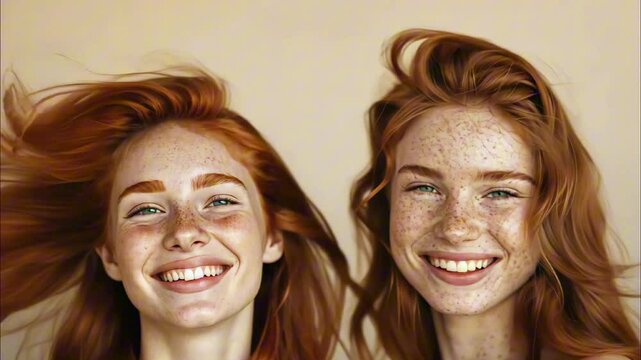 Portrait of two smiling laughing red-haired girls models with bright freckles on a plain beige background. Lifestyle, happy young women models with unusual appearance. Twin sisters