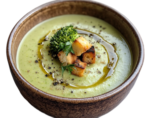 Creamy Green Soup with Croutons and Olive Oil on transparent background Generative Ai