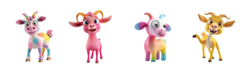 Naklejka premium Colorful cartoon goats with unique patterns display various lively expressions and bright horns