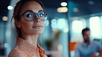 Portrait of a Confident Young Businesswoman Wearing Stylish Glasses in a Modern Office Setting Professional Female Entrepreneur Successful Career     