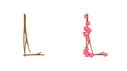 Tender pink spring alpha. Easter set ABC on white background. Letter L