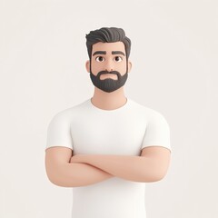 Fototapeta premium Confident cartoon man with beard and shirt arms crossed showcasing simplicity and self-assurance against a plain background