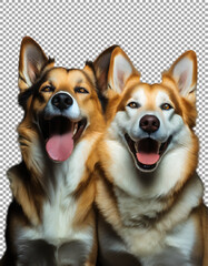 two smiling dogs, Fluffy-Eared Dogs with Playful Expressions on transparent background, png, psd
