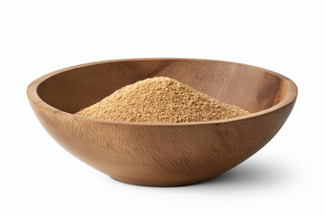 A close-up of a wooden bowl filled with millet grains, isolated on a white background, ideal for health and nutrition concepts